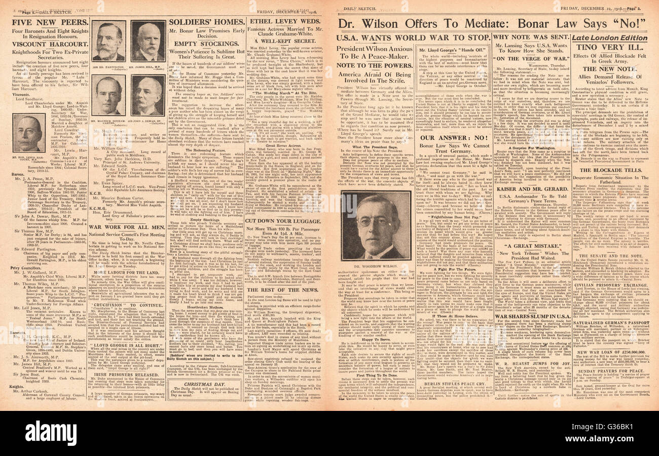 1916 Daily Sketch Woodrow Wilson bietet Friedensgespräche zu vermitteln Stockfoto