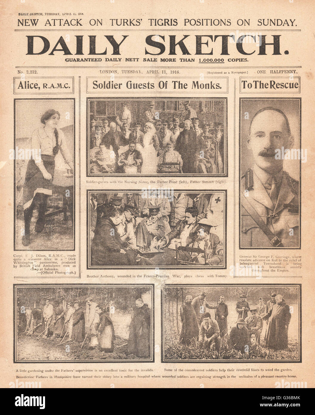 1916 Daily Sketch Verwundete Soldaten in der Benediktinerabtei in Hampshire Stockfoto