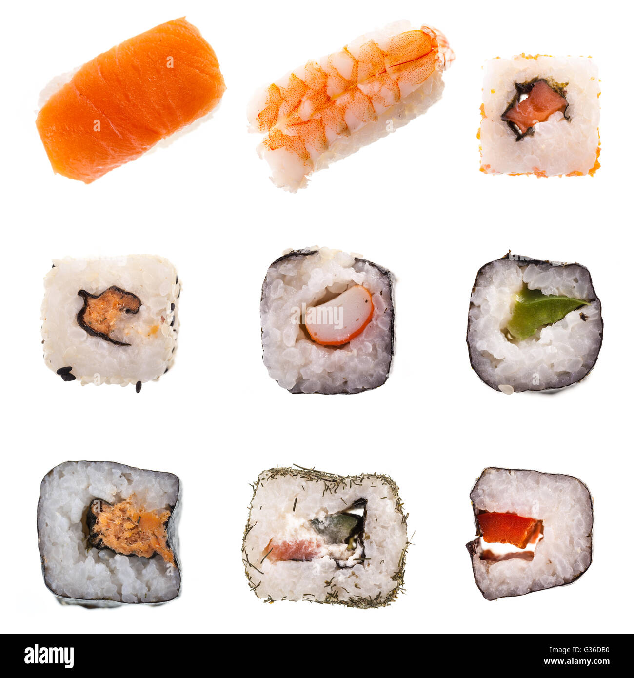 eine Sammlung von verschiedenen Arten von Sushi wie Maki und Nigiri isoliert auf weißem Hintergrund für Menü Stockfoto