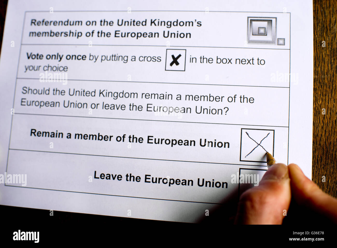 Volksabstimmung über die EU-Mitgliedschaft. Junger Mensch Briefwahl ausfüllen. Stockfoto