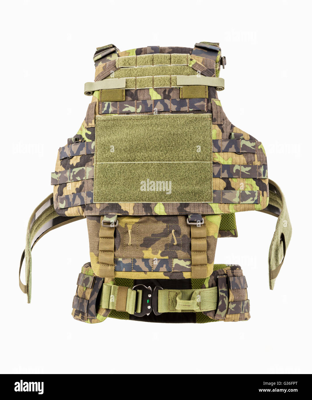 Kugelsichere Weste, kugelsichere multifunktionale Schutzweste, Camouflage Stockfoto