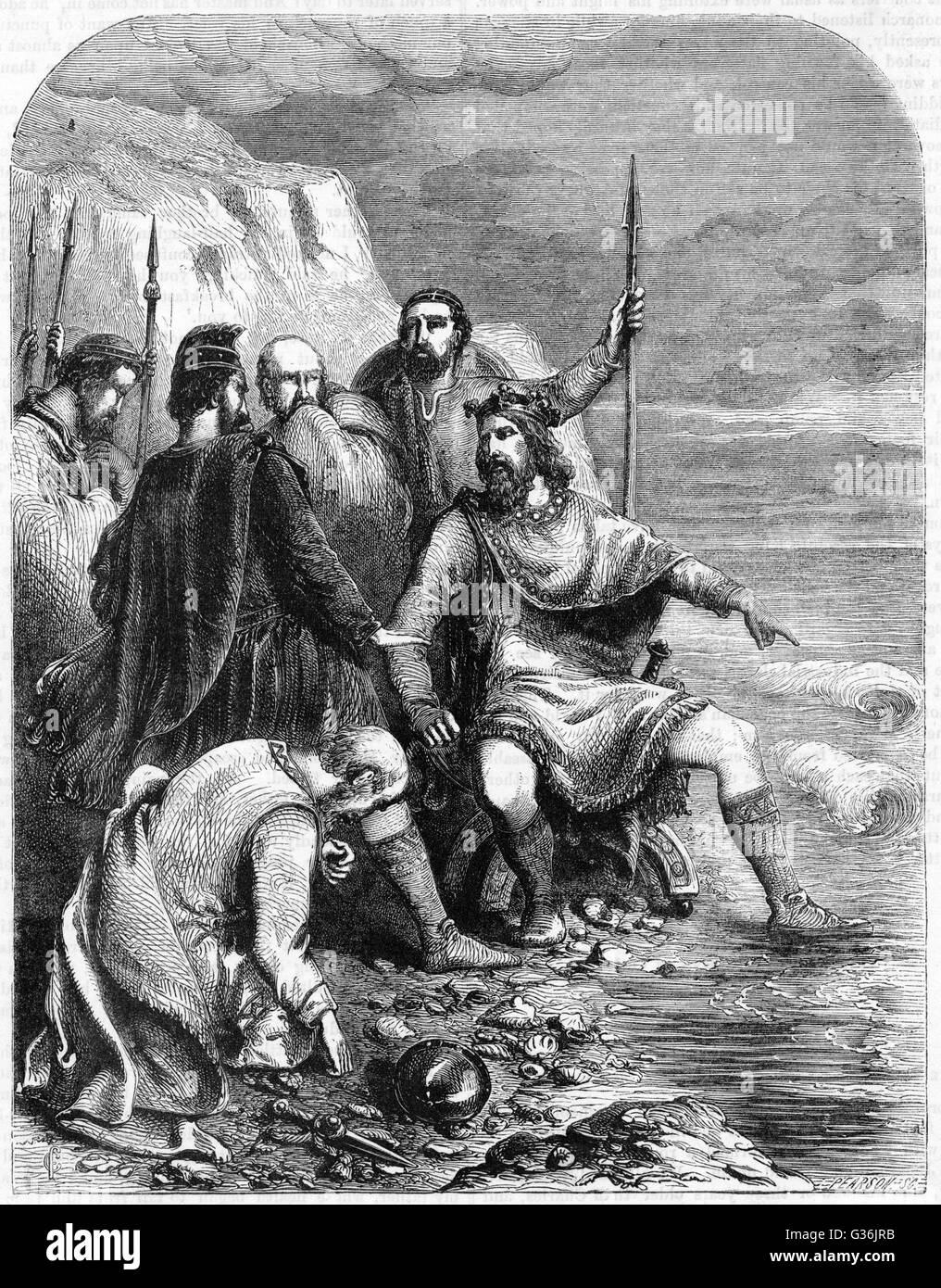König Canute von England (1016-1035) und Dänemark (1018-1035) bekommt seine Füße eher nass als er versucht, die Wellen zu Befehlen!  Die Geschichte möglicherweise apokryphe, und einige Historiker glauben, dass er die Veranstaltung, um seine sycophantic Höflinge zu zeigen, dass e inszeniert Stockfoto