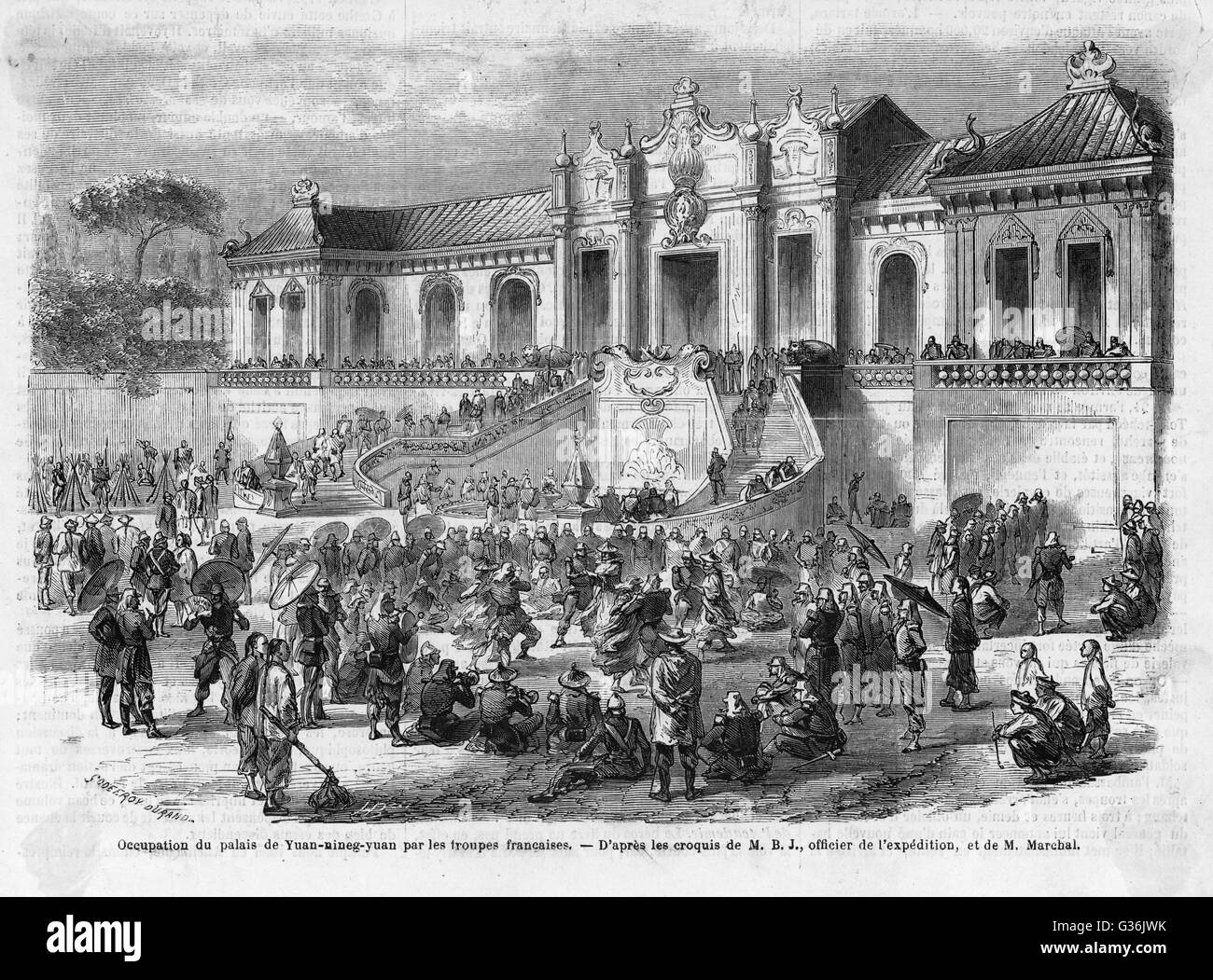 Der britische Hochkommissar nach China, Lord Elgin, der Zerstörung des Sommerpalastes in Peking (Peking), die dann von französischen und britischen Truppen während des zweiten Opiumkrieges am 6. Oktober 1860 durchgeführt wurde...         Datum: 1860 Stockfoto