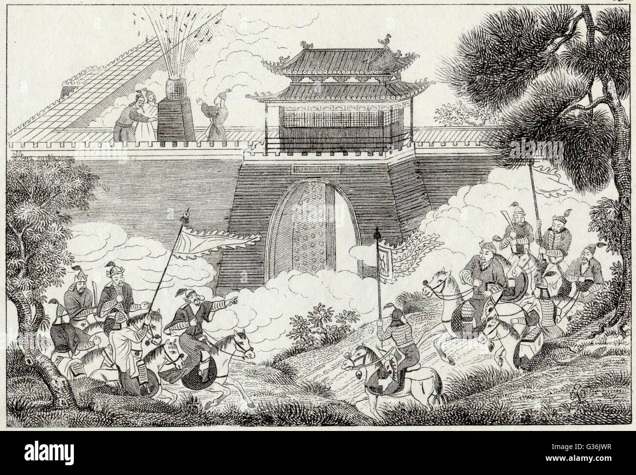 Chinesischer Kaiser Yeou Wang (Zhou-Dynastie) alarmiert seine Feinde mit laute Explosionen.        Datum: ca. 781-771 v. Chr. Stockfoto Chinesischer Kaiser Yeou Wang (Zhou-Dynastie) alarmiert seine Feinde mit laute Explosionen.        Datum: ca. 781-771 v. Chr. Stockfoto