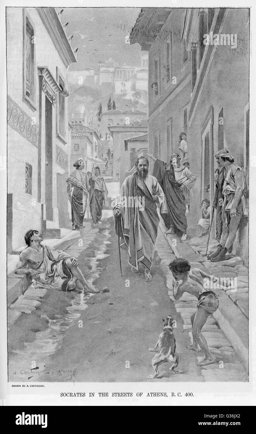 Eine Darstellung der Philosoph Sokrates zu Fuß durch die Straßen des antiken Athens.         Datum: 470-399 v. Chr. Stockfoto