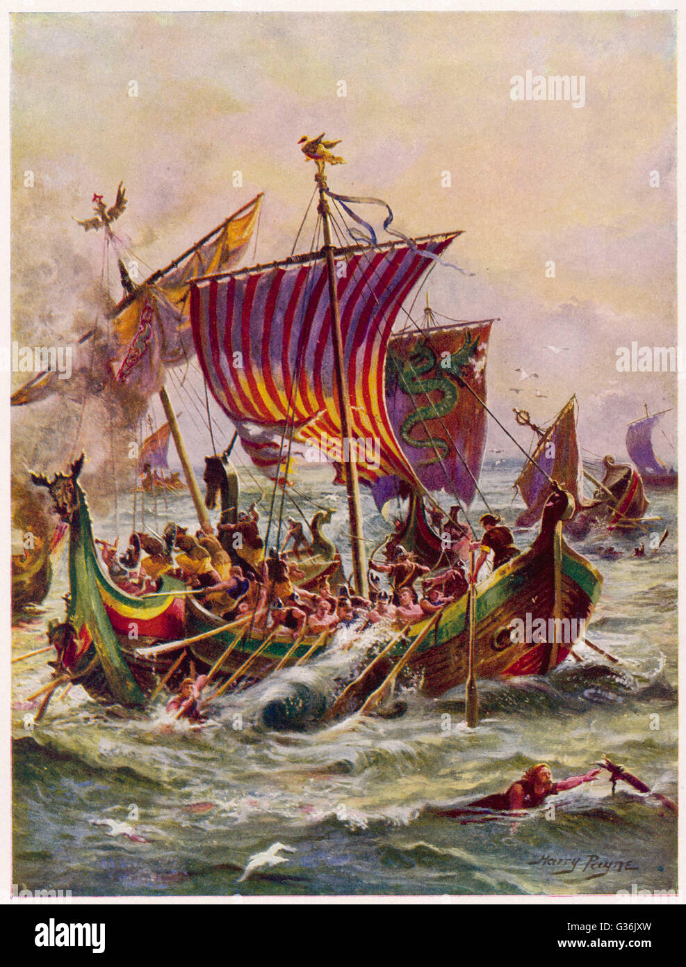 König Alfred Galeeren im Kampf gegen die Wikinger.          Datum: 897 Stockfoto