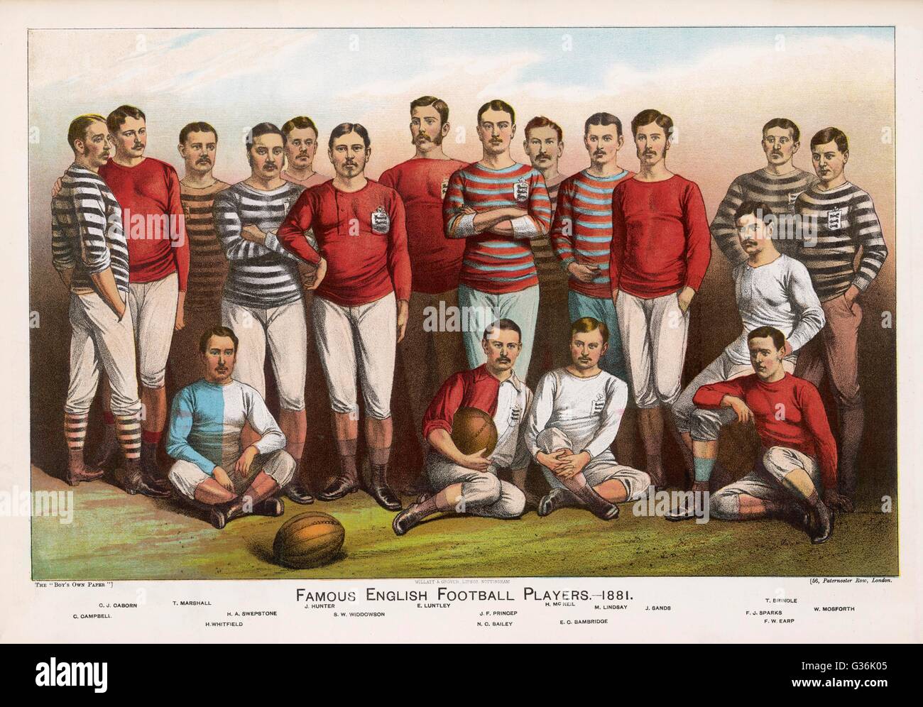 England Rugby-Spielern, tragen eine Vielzahl von Hemden, Line-up für ein Teambild führt.       Datum: 1881 Stockfoto