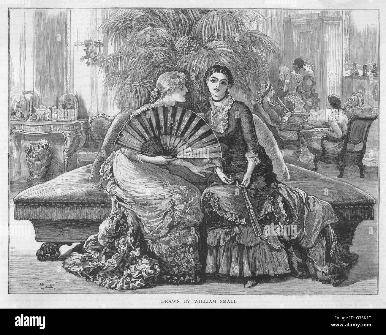 Modische aristokratischen Damen warten auf ihre modische Männer, deren Hafen und Zigarren nach dem Abendessen zu beenden.       Datum: 1882 Stockfoto