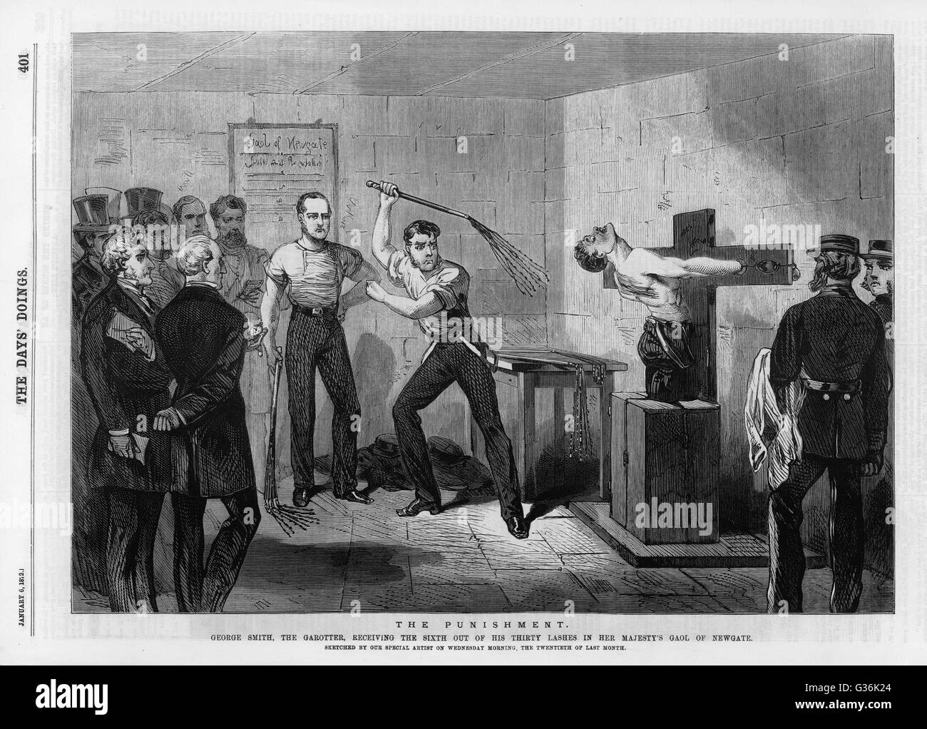 George Smith, ein Garrotter, erhält das sechste von dreißig Wimpern die neunschwänziger Strafe für seine Verbrechen.        Datum: 1872 Stockfoto