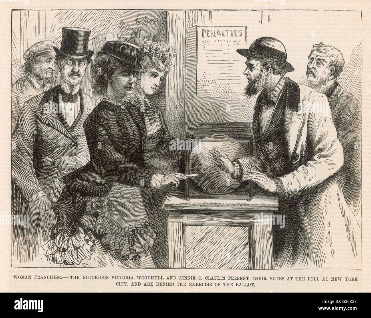 Victoria Woodhull (1838 – 1927), festgestellt, dass amerikanische Feministin, mit ihrer Schwester Jennie Claflin, versuchen Sie, die New York Wahl von 1871, aber sind abgewiesen.      Datum: 1871 Stockfoto