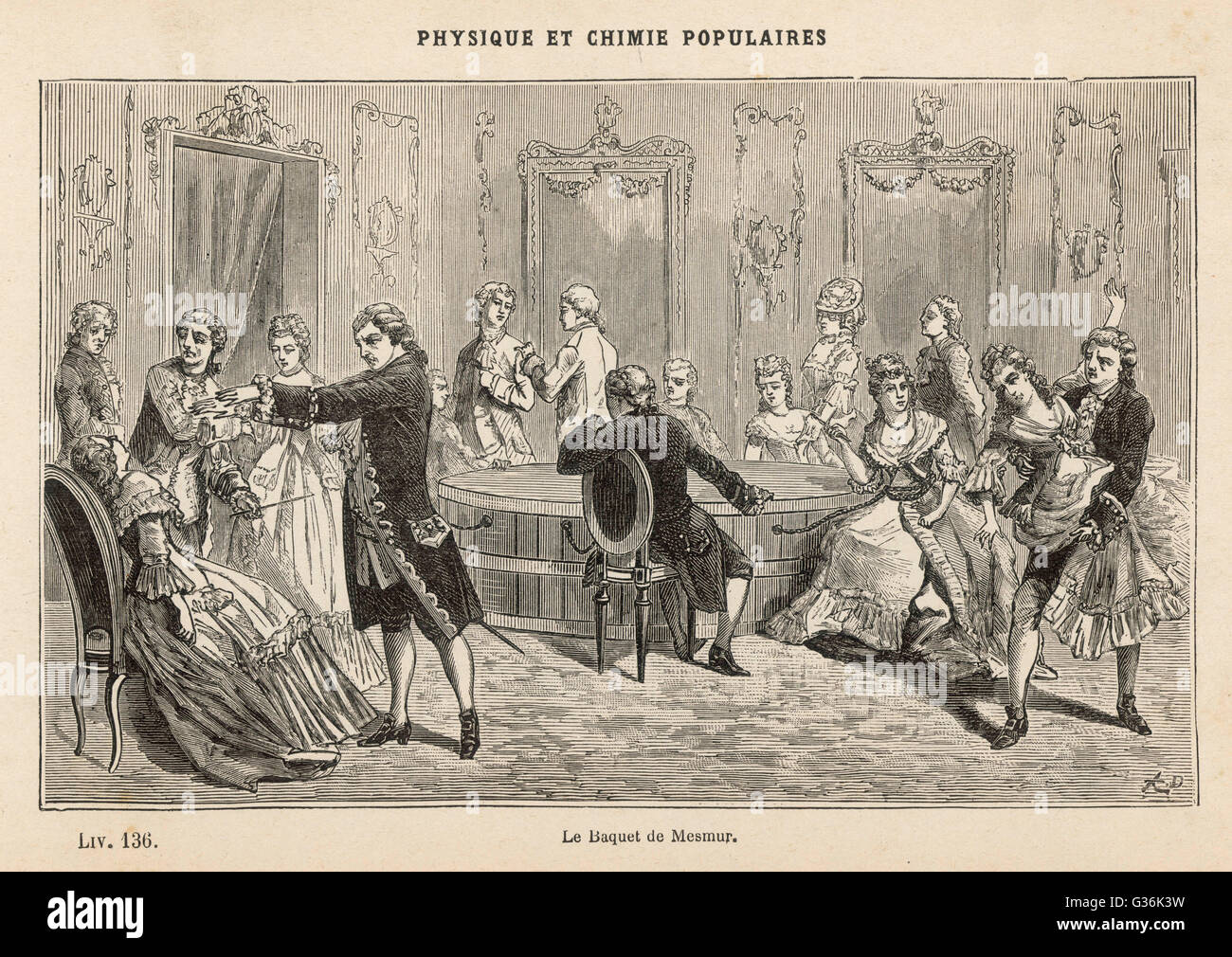 Mesmer (1734-1815), deutscher Arzt und Hypnotiseur, Behandlung von Patienten in einer Gruppe in einer Sitzung, die er ein Baquet nannte (benannt nach der großen Behälter in der Mitte des Raumes), an einem modernen Salon in Paris.       Datum: ca. 1785 Stockfoto