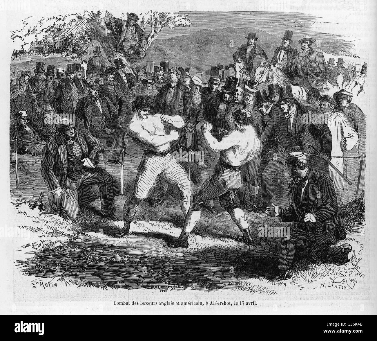 Tom Sayers Quadrate bis zu John Heenan im berühmtesten Preis Kampf des 19. Jahrhunderts. Es schließlich als ein Unentschieden abgeschlossen (17. April 1860).      Datum: 1860 Stockfoto