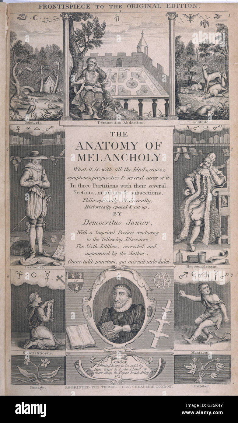 Robert Burton (1577-1640). Englischer Geistlicher und Autor, der die  Anatomie der Melancholie unter dem Pseudonym Democritus Junior im Jahre  1621 schrieb. Datum: 1621 Stockfotografie - Alamy