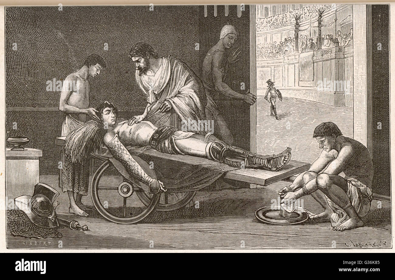 Claudius Galen (Galenus) griechische Arzt arbeiten in Italien, behandelt die Gladiatoren in der Arena in Pergamo, Erwerb von Fähigkeiten und wissen dabei verwundet.     Datum: 2. Jahrhundert Stockfoto