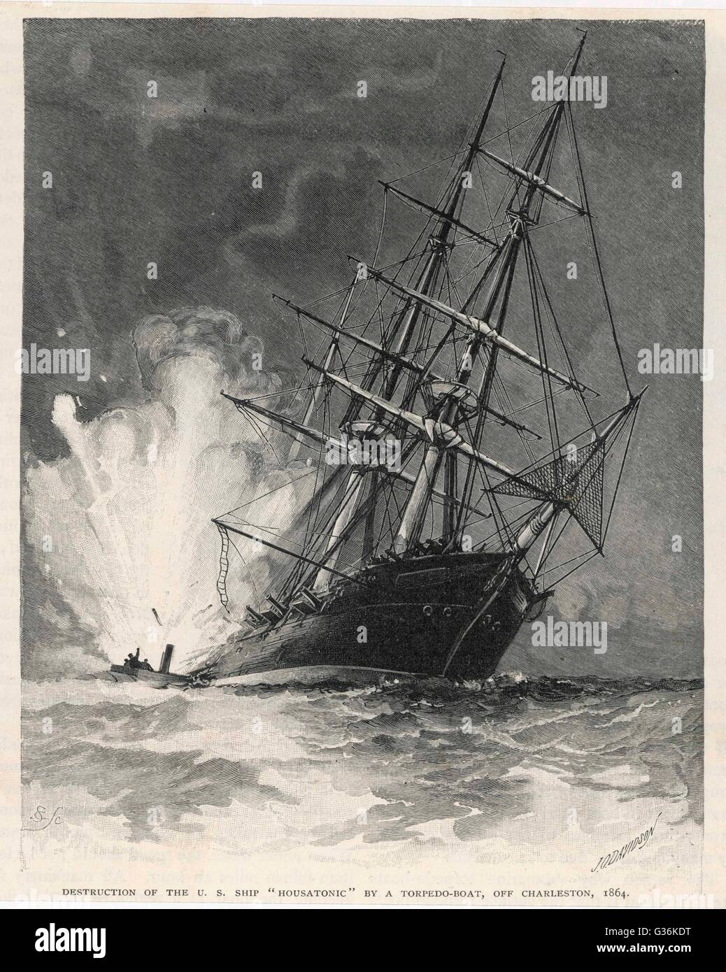 Ein Konföderierten Torpedoboot sinkt die Housatonic aus Charleston, Virginia während des amerikanischen Bürgerkriegs Datums: 1864 Stockfoto