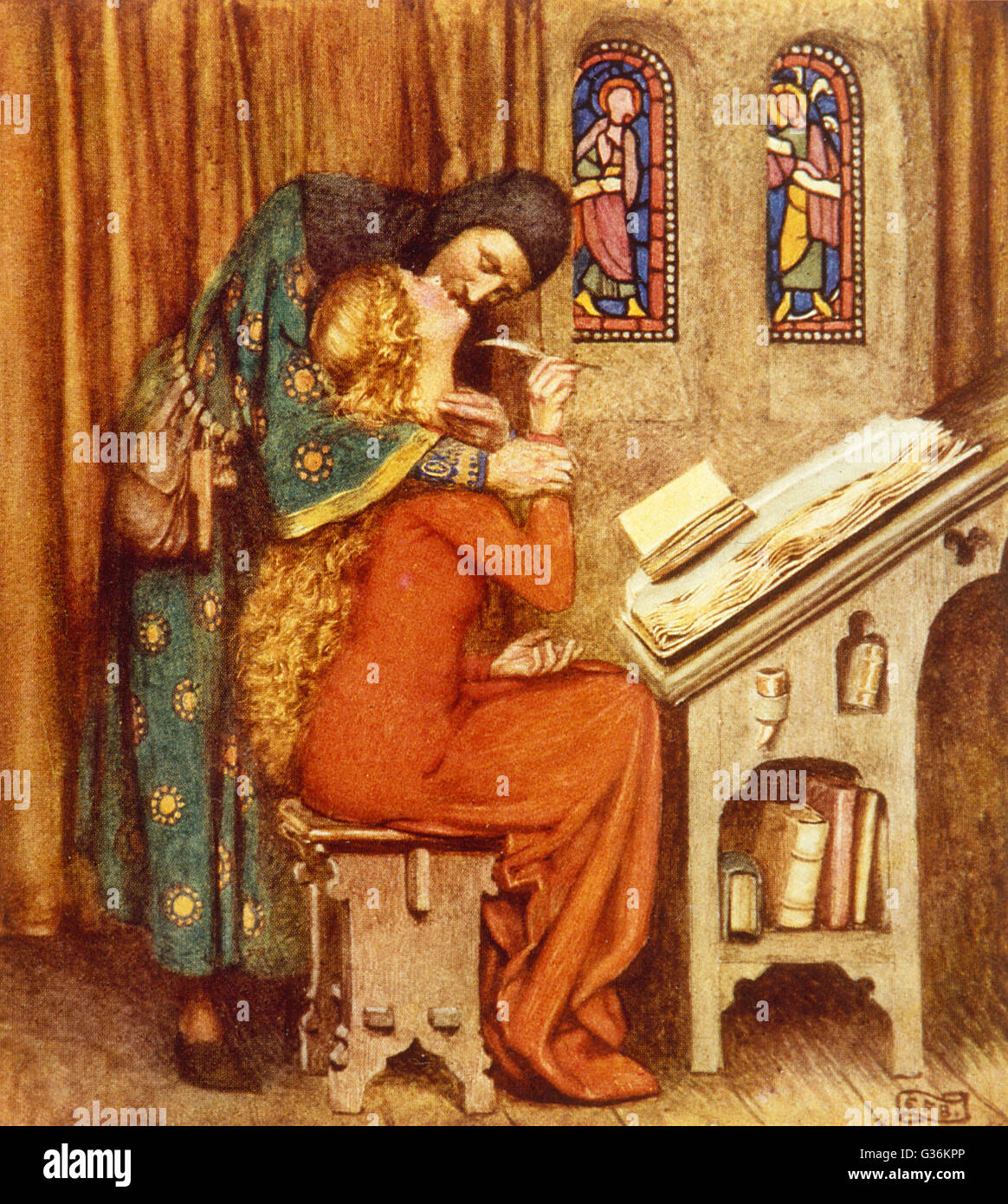 Abelard und Heloise. Französischer Gelehrter und Nonne umarmend im Skriptorium Datum: 12. Jahrhundert Stockfoto