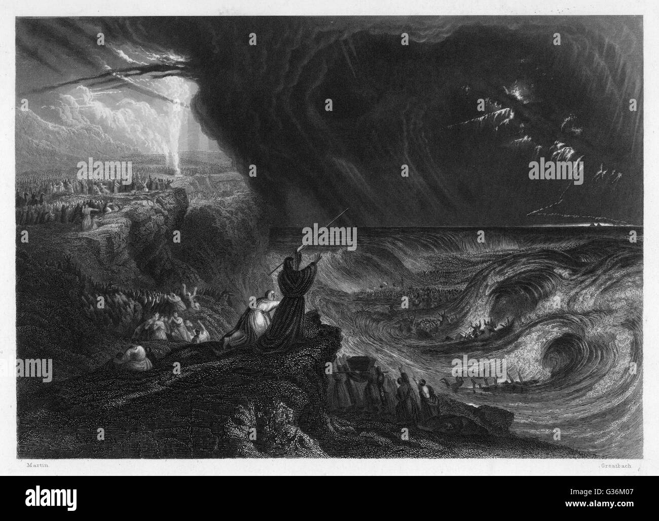 Während des Exodus Moses das Rote Meer Teile und orientiert sich an einer Säule von Rauch Stockfoto