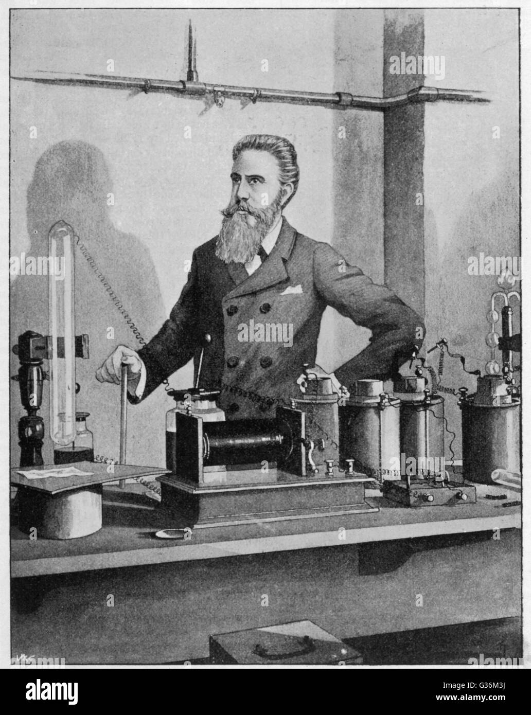 Wilhelm Conrad Rontgen (1845-1923), deutscher Physiker, entdeckte Röntgen, 1895, Nobelpreisträger, 1901, in seinem Labor. Stockfoto