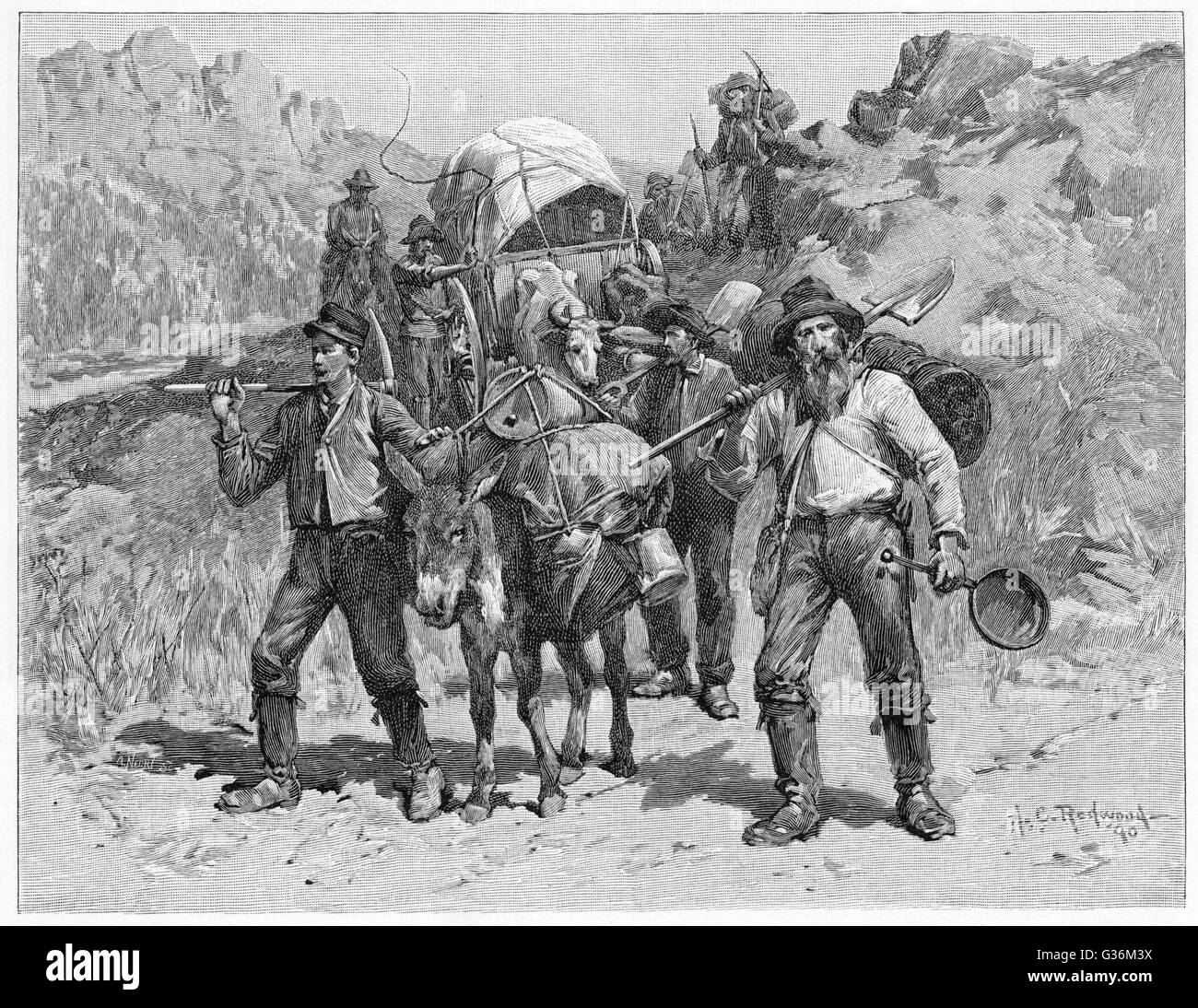 Goldsucher in Eile für neuen Ausgrabungen, Kalifornien Datum: 1851 Stockfoto