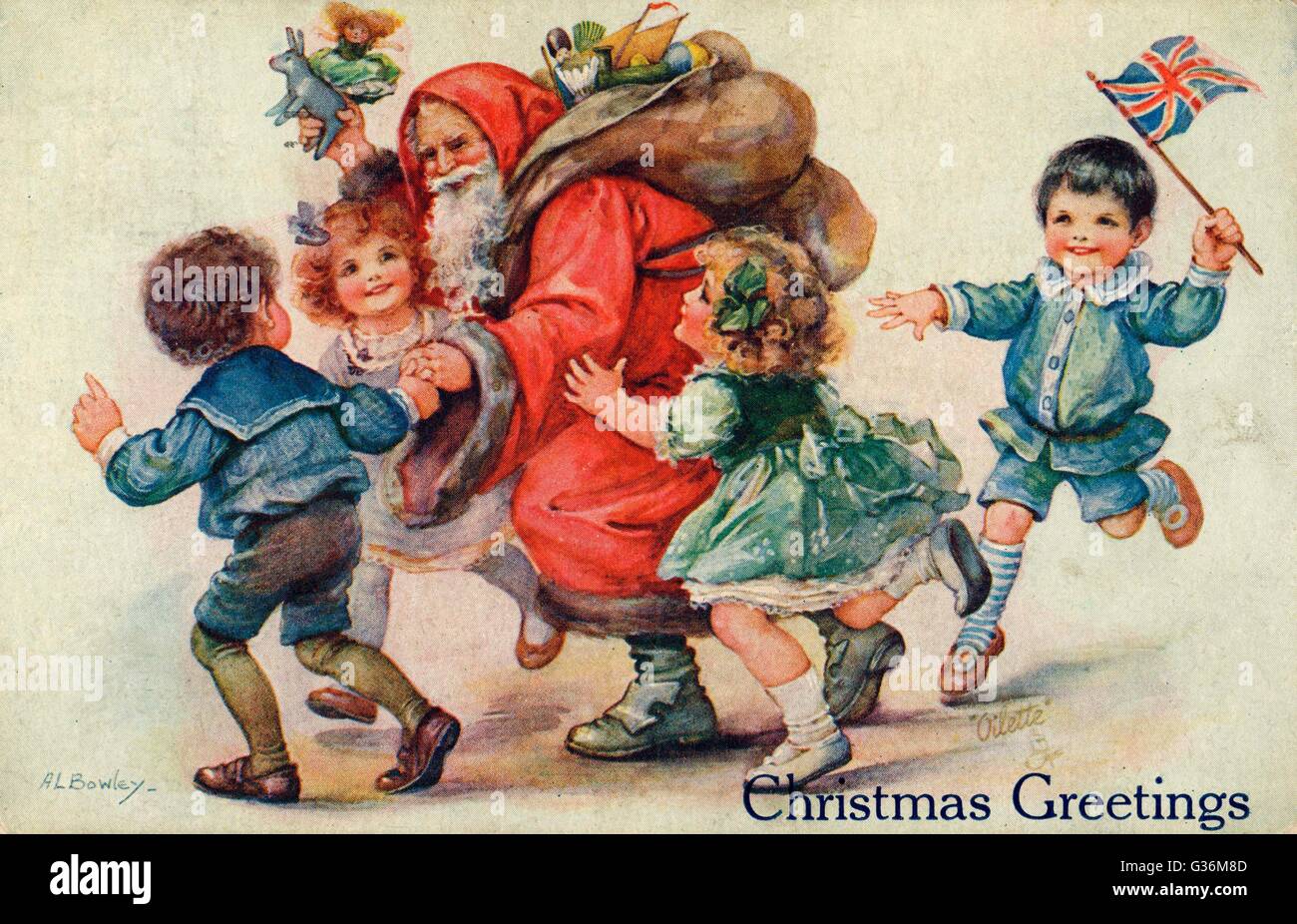 Weihnachtsmann mit einem Sack Spielzeug und Kindern Stockfoto
