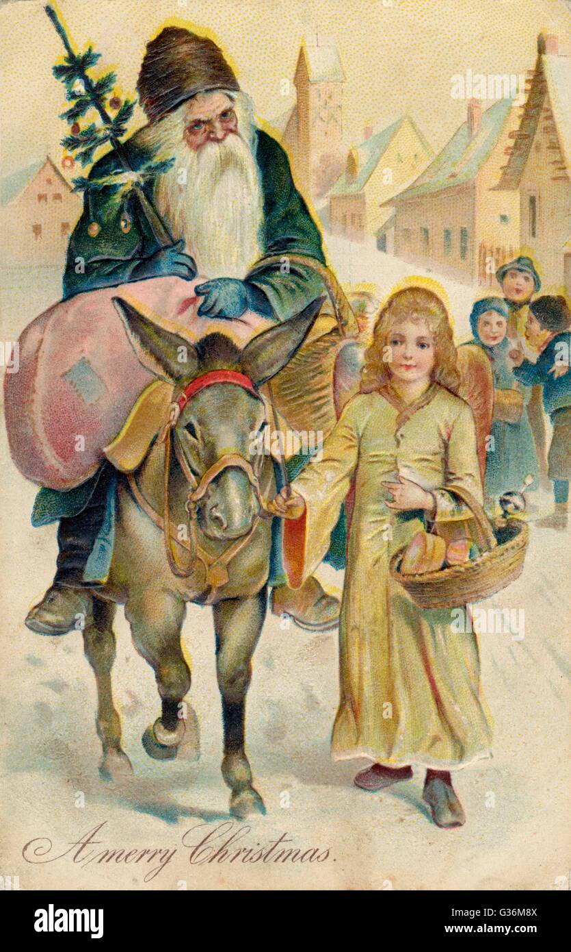Der Weihnachtsmann kommt in der Stadt auf einem Esel Datum: circa 1905 Stockfoto