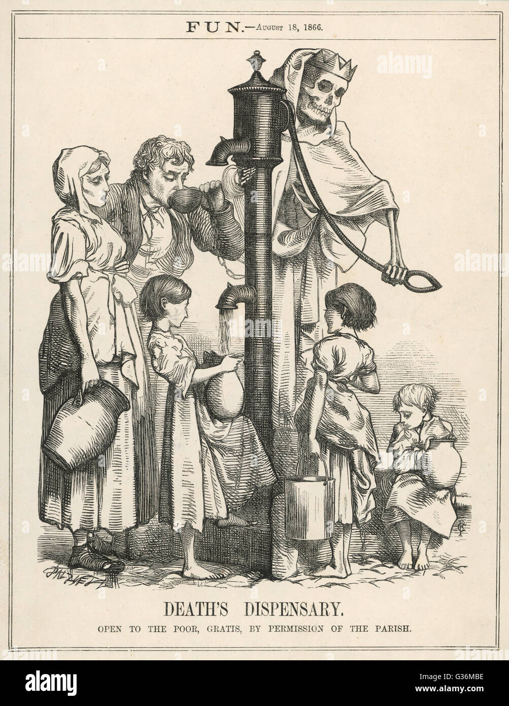 Spaß macht einen Kommentar auf kranke Wasserversorgung.         Datum: 18. August 1866 Stockfoto