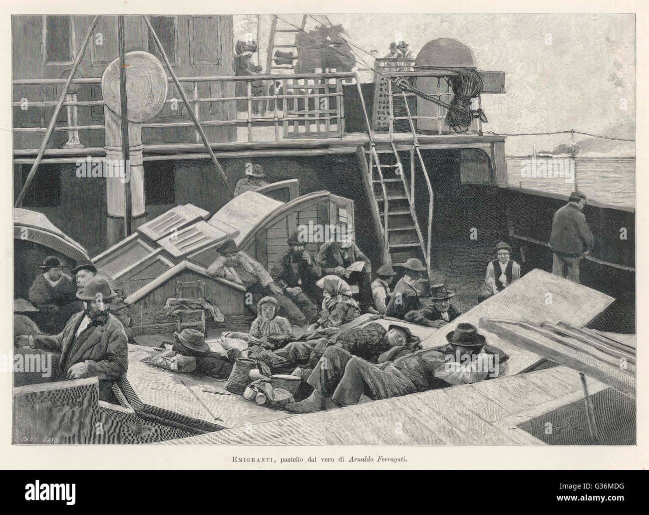 Emigranten auf einem Schiff, das nach Amerika fliegt Stockfoto