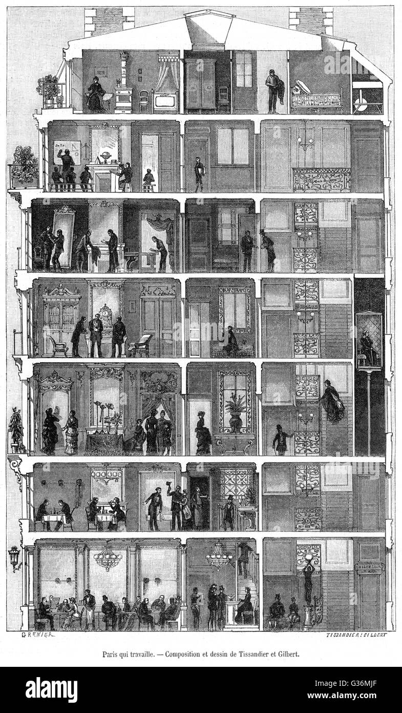 Ein Hochhaus Mehrfamilienhaus, Paris; Cut-away von Menschen in den Zimmern 2 2 Datum: um 1880 Stockfoto