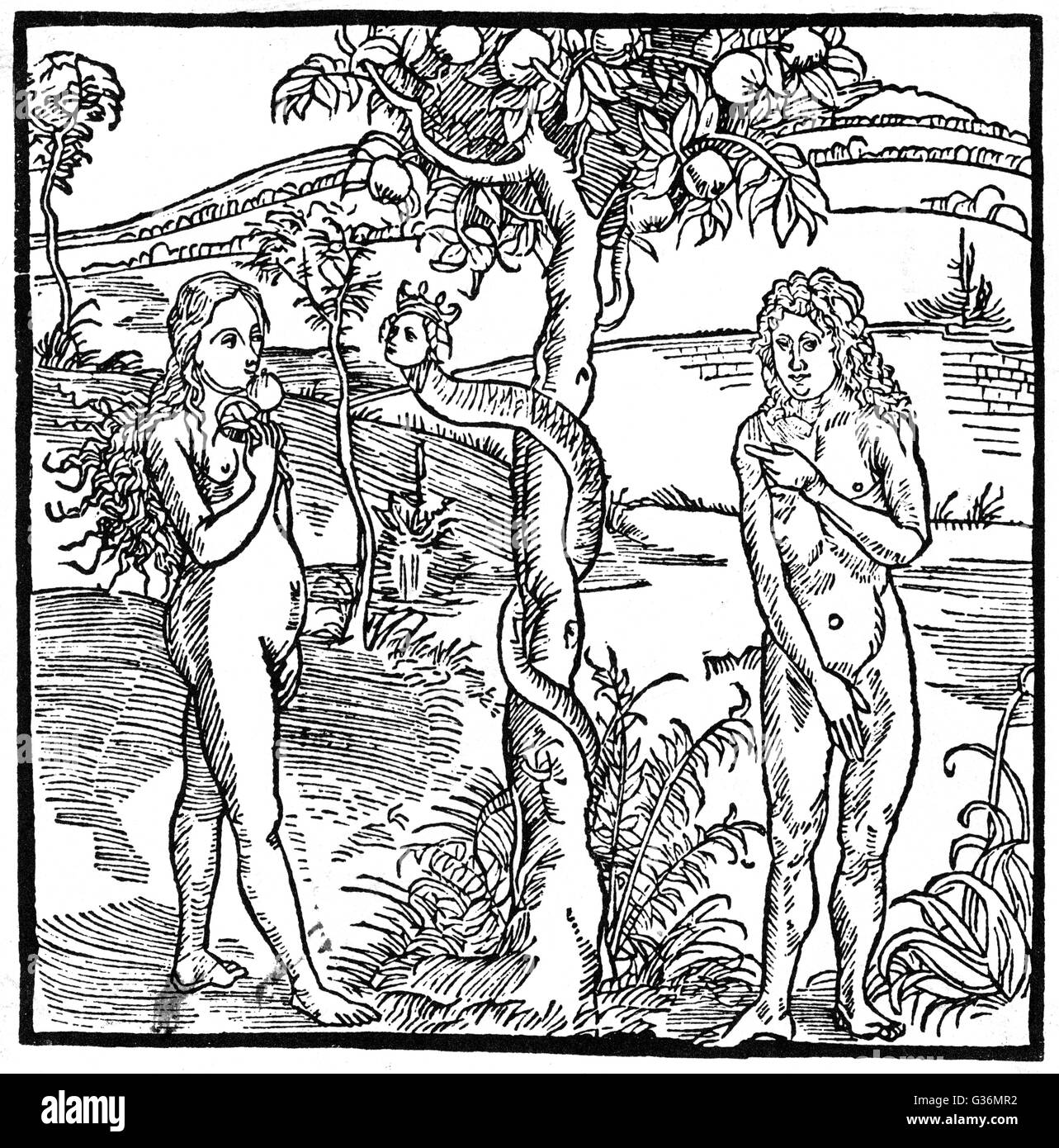 Adam und Eva von der Schlange reizt, die eine Krone trägt zu zeigen, dass trotz seiner teuflischen Natur er noch König der Unterwelt ist Stockfoto
