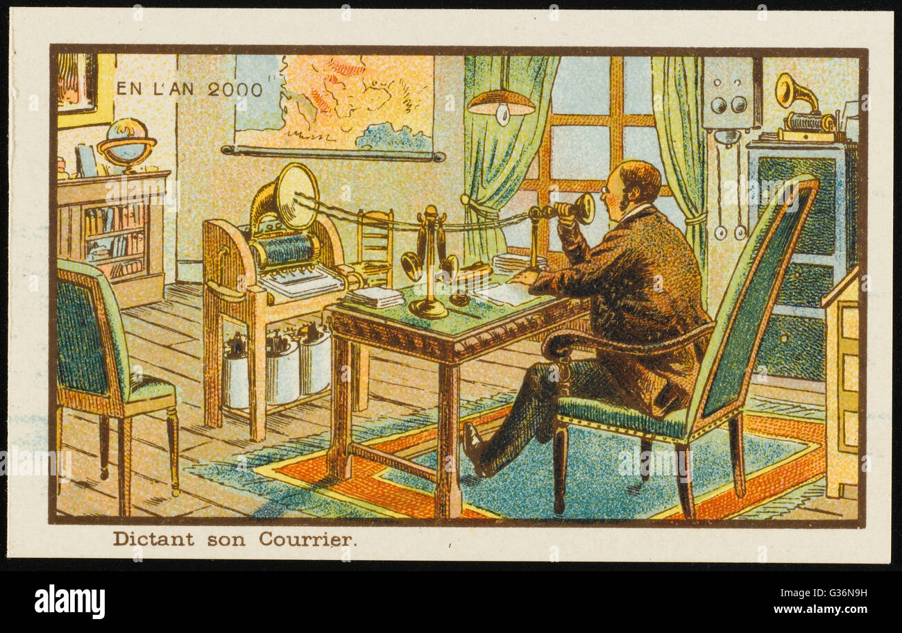 Eine futuristische Diktiergerät, wodurch einen Geschäftsmann, seine Korrespondenz ohne die Notwendigkeit für eine Sekretärin zu diktieren.          Datum: 1899 Stockfoto