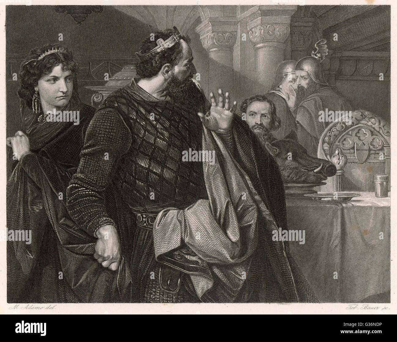 Eine Szene aus Shakespeares Tragödie Macbeth, in denen er allein Banquos Geistes auf dem Bankett – ein Zeichen für sein schlechtes Gewissen sieht.  Lady Macbeth sieht ihn in Ärger, dass er die Party verderben wird. Stockfoto