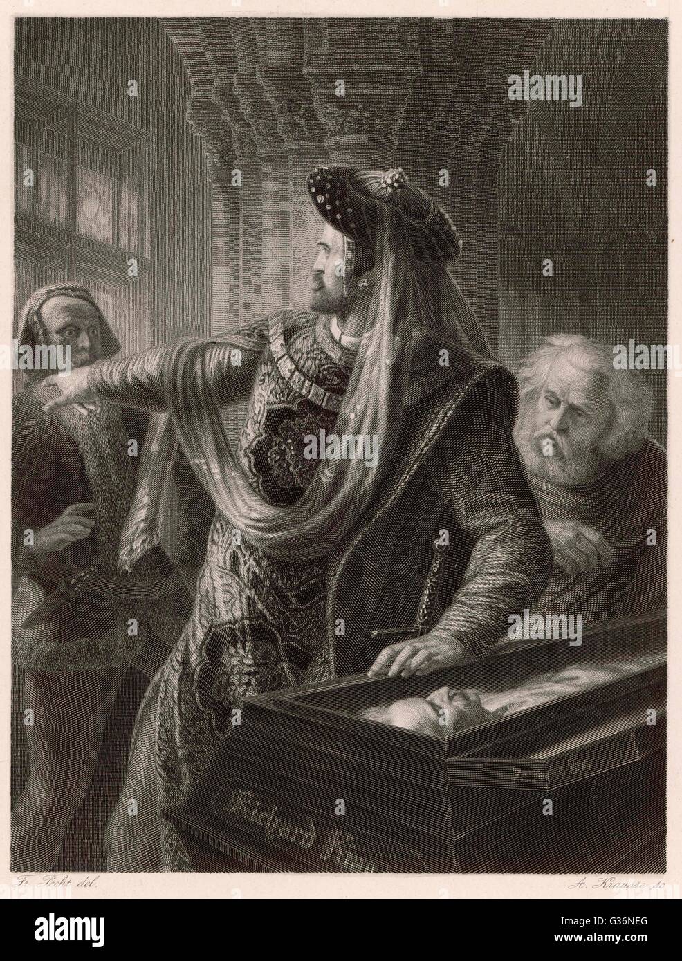 Eine Szene aus Shakespeares Geschichte spielen, Richard II, in denen Bolingbroke über den Sarg von Richard beklagt.  Er hat den Thron von Richard, aber er hat nicht die Absicht für ihn getötet werden. Stockfoto
