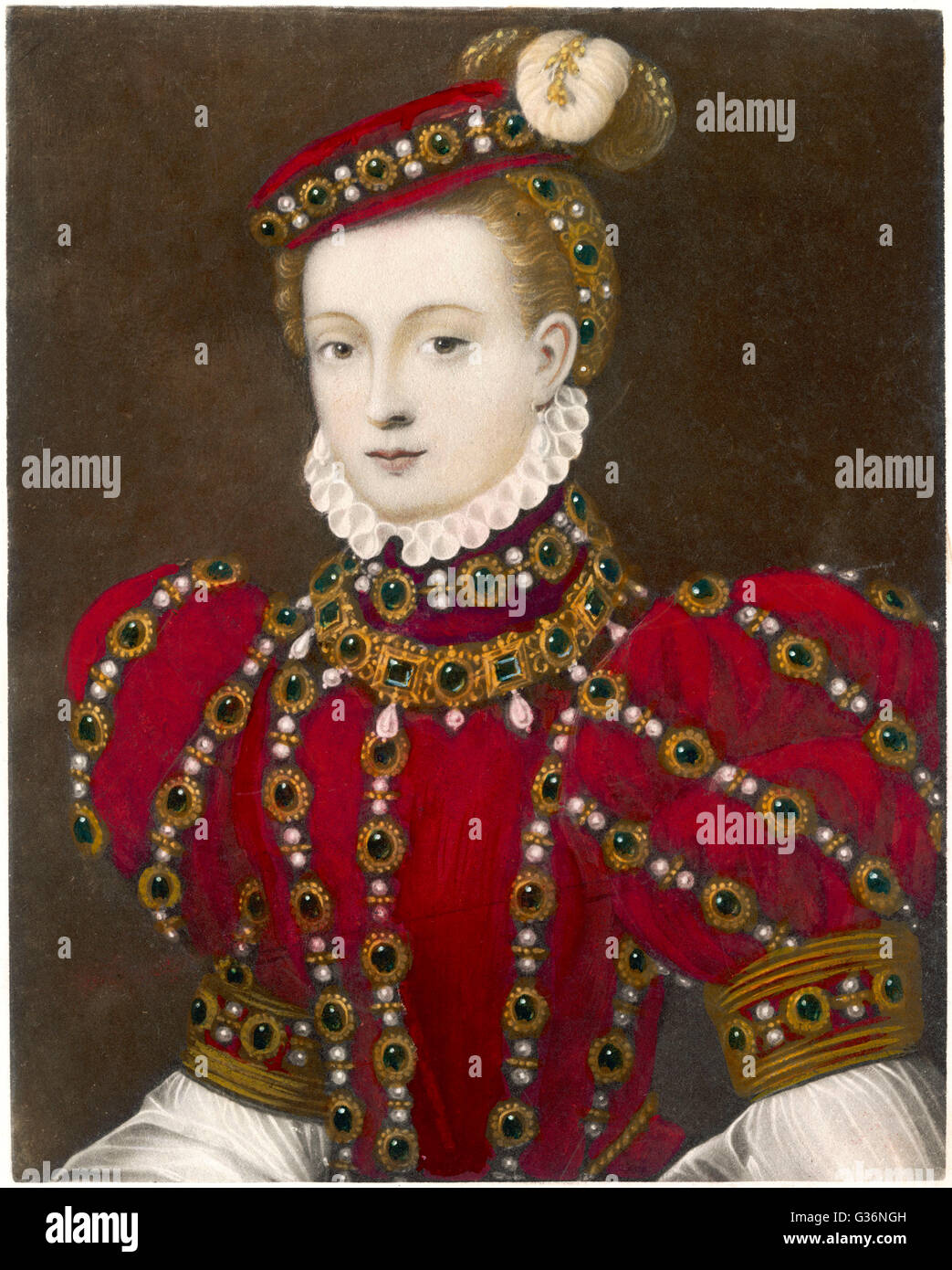 Mary, Königin von Schottland (1542-1587), in einem markanten roten Kostüm. Stockfoto