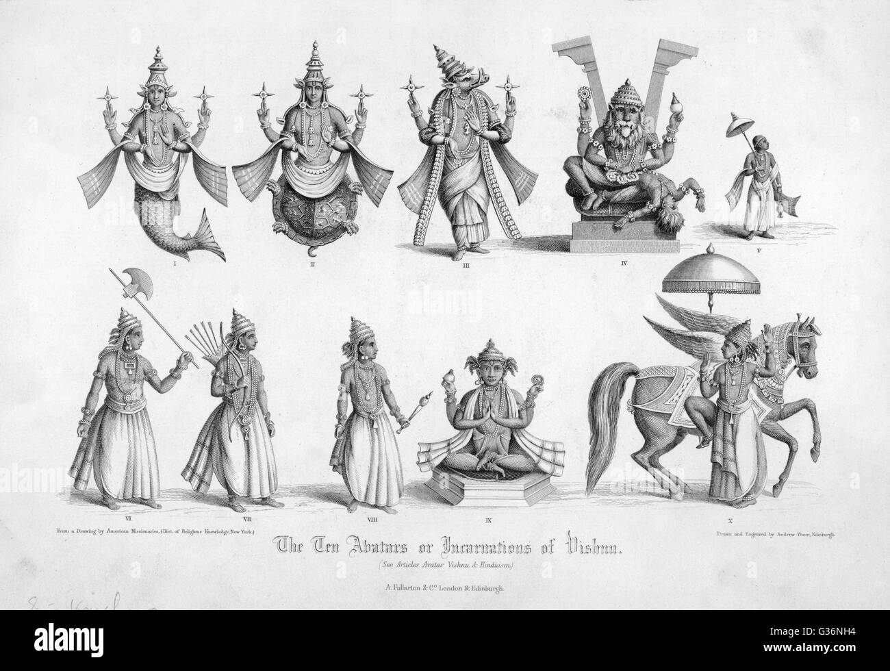 Die zehn Avatare des hindugottes Vishnu Stockfoto Die zehn Avatare des hindugottes Vishnu Stockfoto