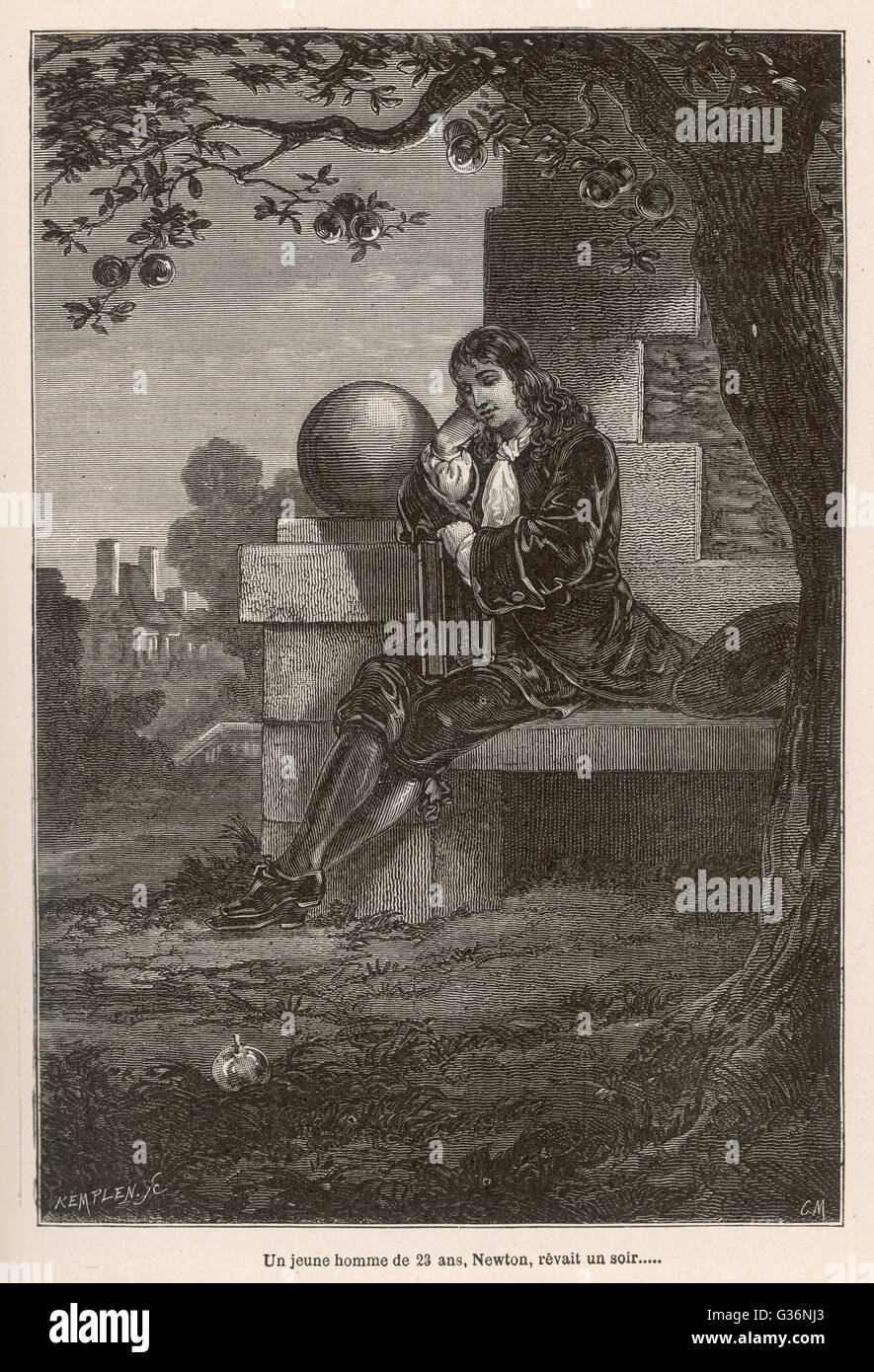 Sir Isaac Newton (1642-1727), englischer Mathematiker, Physiker, Astronom, Naturphilosoph, Alchemist, Theologe und Okkultist.  Hier sitzt unter einem Baum, von dem ein Apfel gerade gefallen hat.      Datum: ca. 1665 Stockfoto