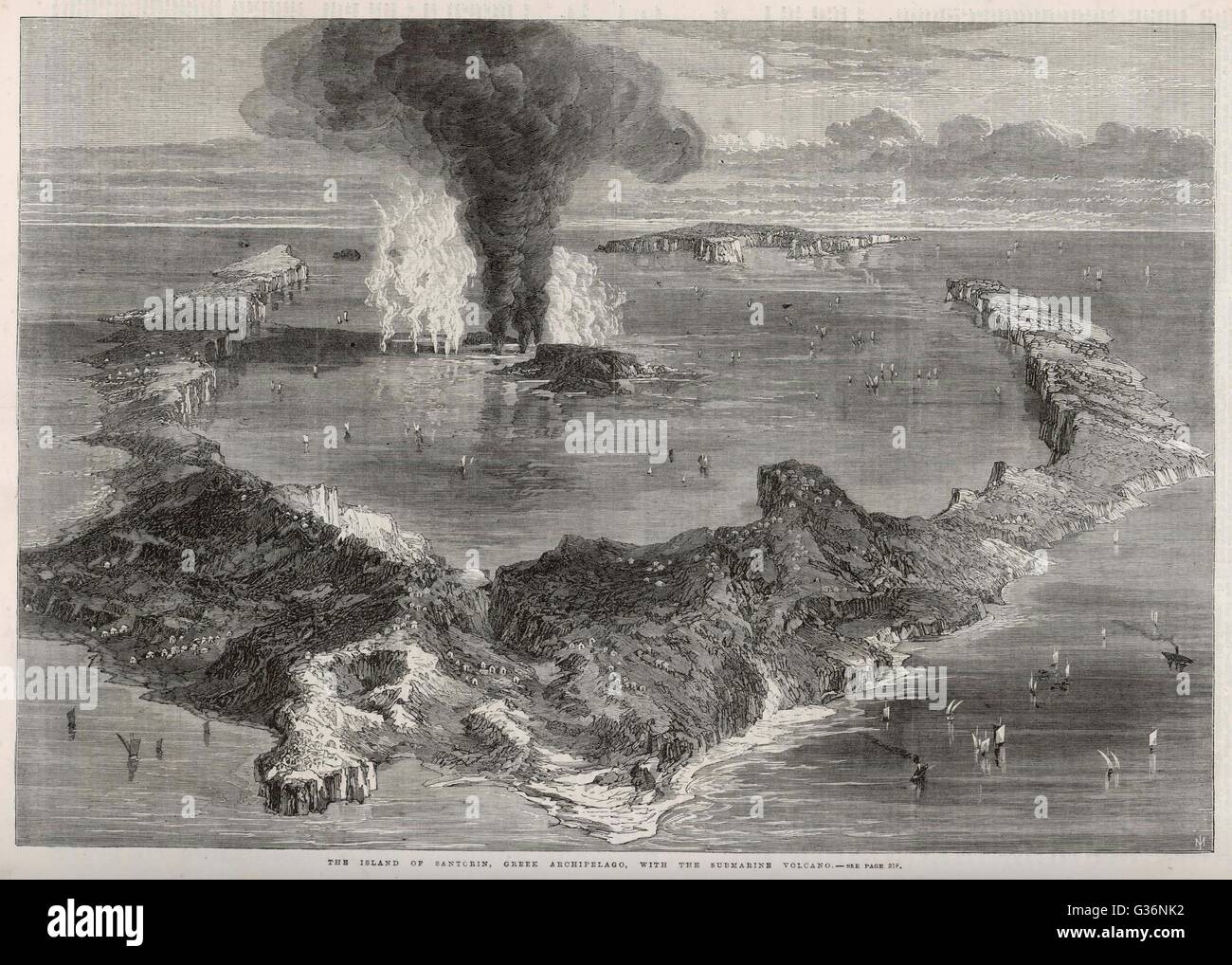 Einen ausbrechenden Vulkan auf der griechischen Insel Santorini (Thira, Thira), durch einiges, die Lage von Atlantis zu sein gedacht.        Datum: 1866 Stockfoto