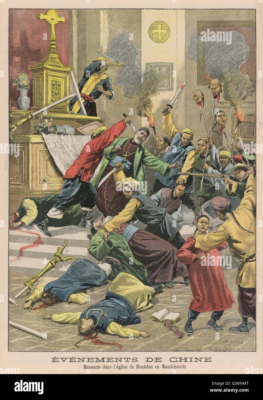 Bei Mukden, Mandschurei, Boxer Rebellen dringen in eine christliche Kirche und chinesischen Christen massakrieren.       Datum: 1900 Stockfoto