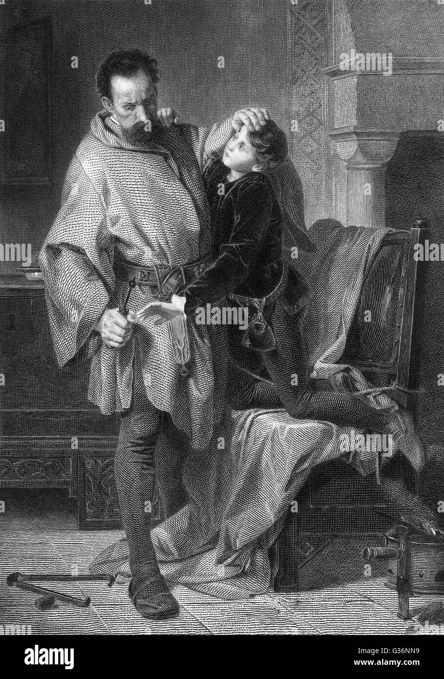 Eine Szene aus Shakespeares Geschichte spielen, König Johann, in denen Hubert de Burgh, Prinz Arthur Kerkermeister, versucht, den jungen auf Befehl des Königs zu töten.  Glücklicherweise, Arthur überredet ihn nicht zu, aber der junge Prinz stirbt später bei einem Sturz aus einer Burg wa Stockfoto