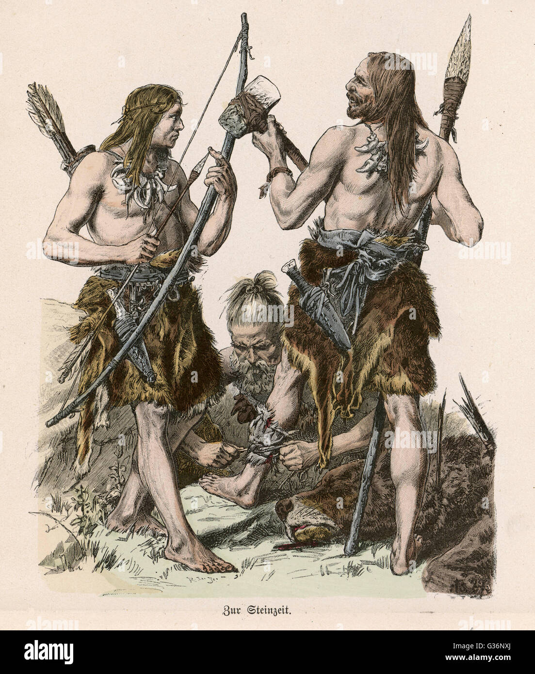 Männer der Steinzeit behandeln ihre Wunden nach einem erfolgreichen Tag Jagd.         Datum: ca. 3000 v. Chr. Stockfoto