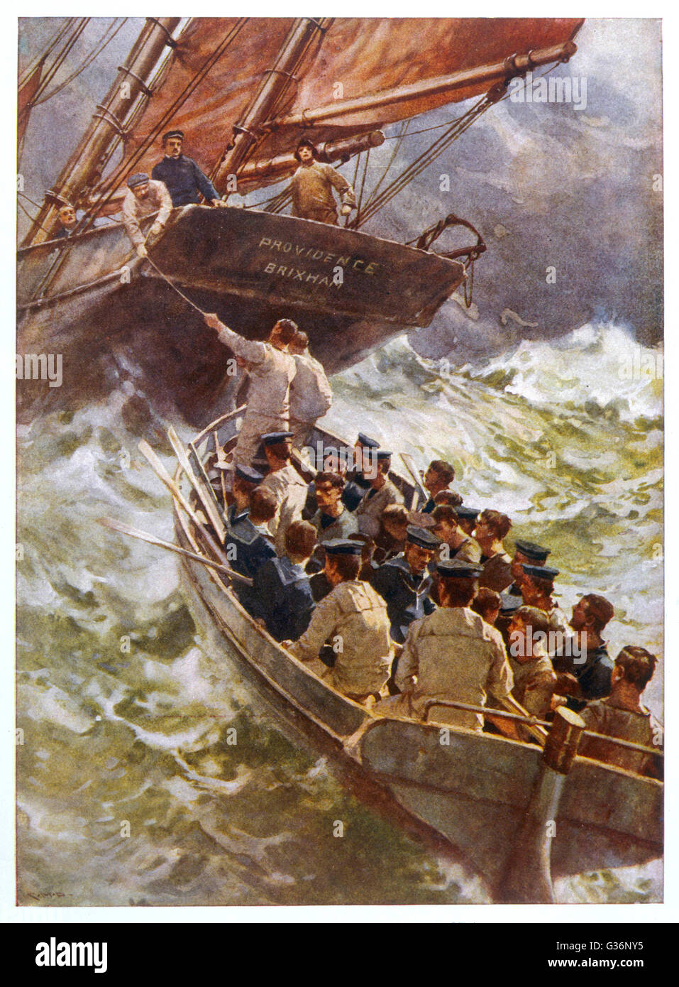 Seeleute, die während des Ersten Weltkriegs mit dem Fischerboot gerettet wurden Stockfoto