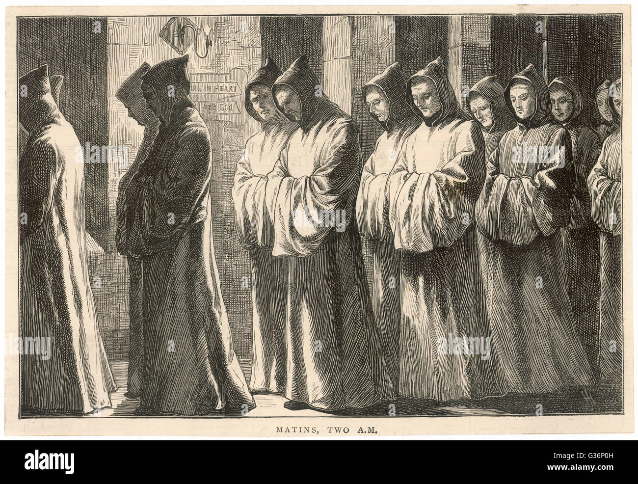 Kartäuser Mönche in Kutten und Gewohnheiten Prozess zur Matutin auf 02:00.       Datum: 1872 Stockfoto