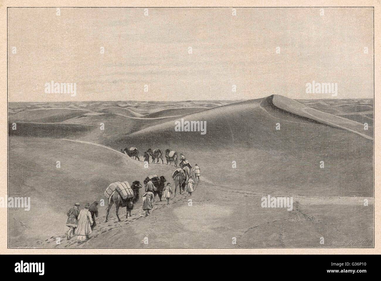 Ein Kamel Zug auf einer Handelsroute in der zentralasiatischen Wüste.          Datum: 19. Jahrhundert Stockfoto