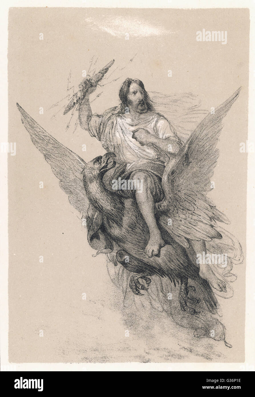 Zeus auf seinem Adler mit Blitz in der Hand Stockfoto