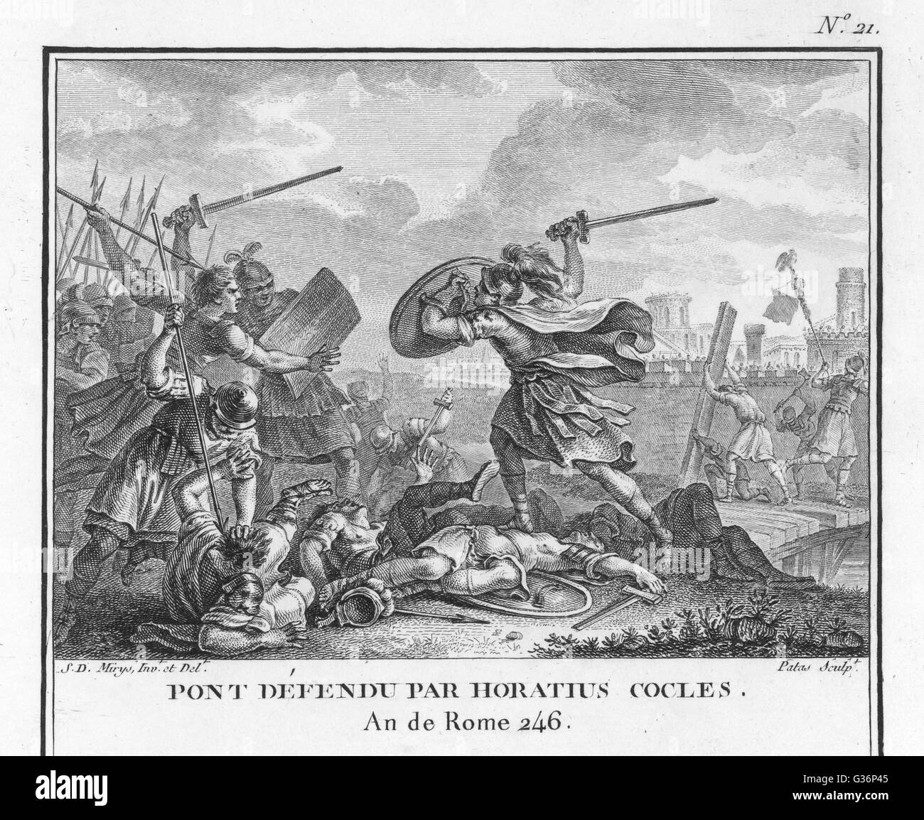 Publius Cocles Cocles, Offizier der römischen Republik, zusammen mit zwei Begleitern, Spurius Larcius und Titus Herminius, verteidigt die Tiber-Brücke (Pons Sublicius) gegen den etruskischen Feind.  Er kämpft eigenhändig und schwimmt zu saf Stockfoto