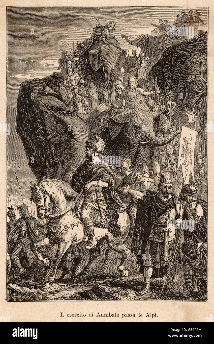 ZWEITEN PUNISCHEN Krieg: Hannibal, der Führer der Karthager, absteigend nach der Überquerung der Alpen mit seiner Armee, einschließlich Kriegselefanten in Italien. Es war eine lange Reise, beginnend auf der iberischen Halbinsel, und überquert die Pyrenäen und die Alpen nach Norditalien.       Datum: Stockfoto