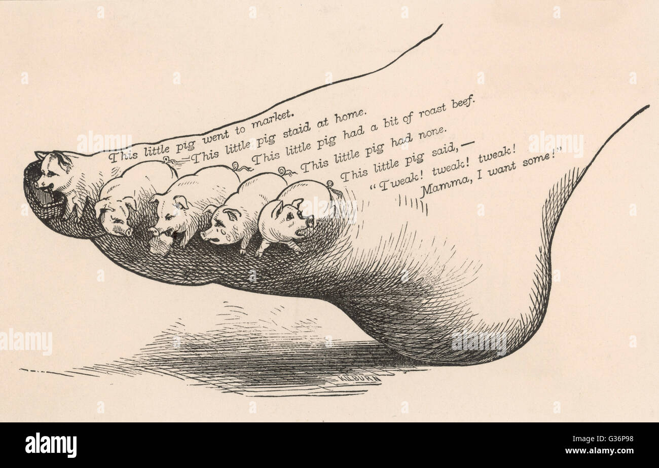 Darstellung der das Kinderlied, das Schweinchen--diese kleine Sau ging auf den Markt, diese kleine Sau blieb zu Hause, etc.. Stockfoto