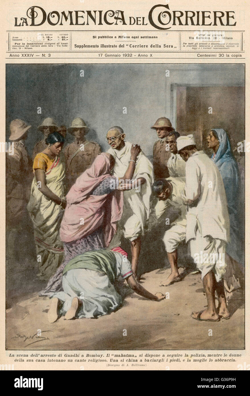 Mahatma Gandhi, indischer nationalist und spirituelle Führer, wird von der indischen Regierung für seine Taktik des zivilen Ungehorsams verhaftet.         Datum: 1932 Stockfoto