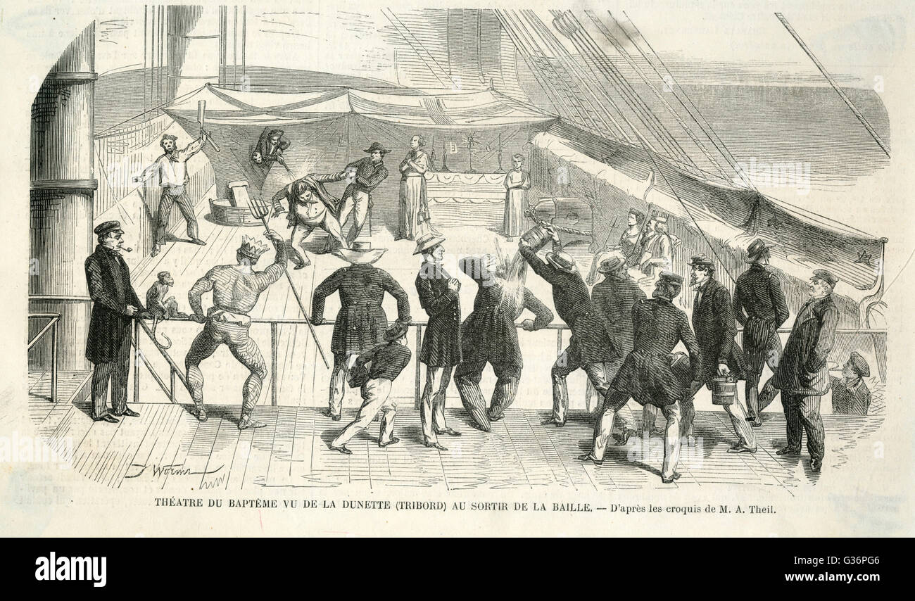 Szene auf einem französischen Schiff.  Es ist der Brauch an Bord eines Schiffes zu frönen, Lustbarkeiten, beim Überqueren des Äquators--verkleidet, wenn es Ihr erstes Mal ist.      Datum: ca. 1845 Stockfoto