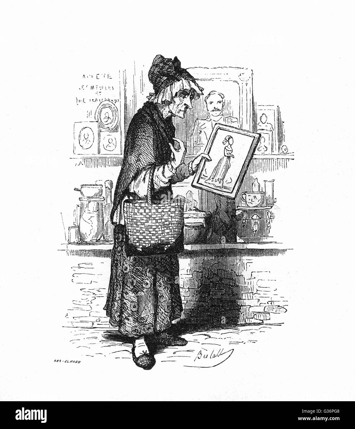 Die alte Dame kauft ein Bild von einer jungen Dame Stockfoto