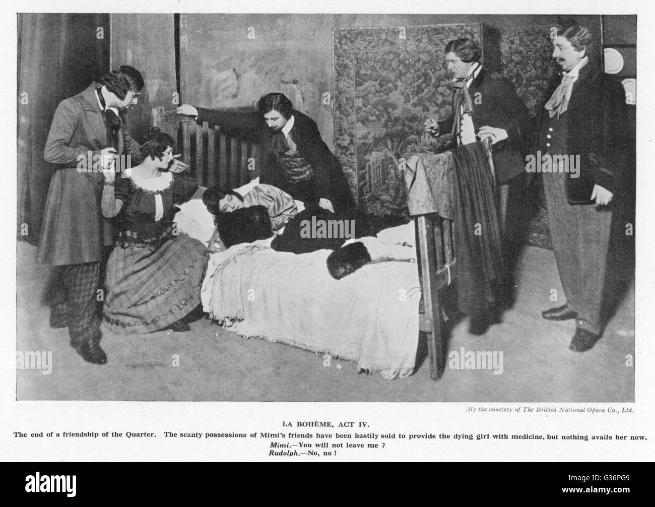 Szene aus Puccinis Oper La Boheme, Akt IV--stirbt Mimi des Verbrauchs, umgeben von ihren Freunden.      Datum: ca. 1920er Jahre Stockfoto